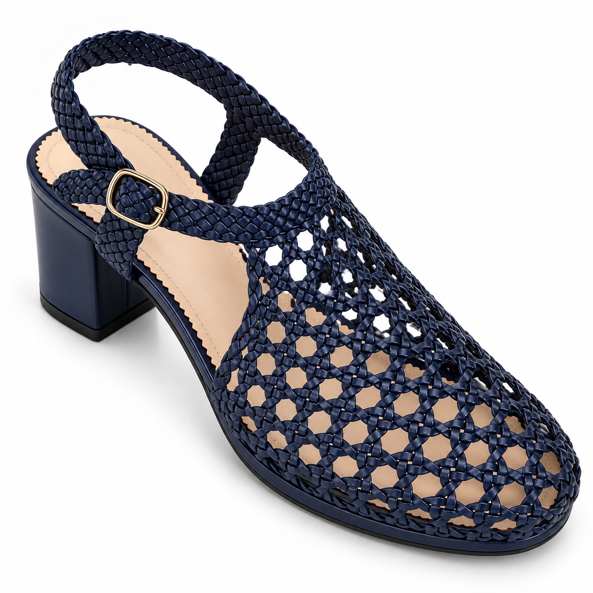 Vesba 5cm — Navy woven shoe with a block heel, top angled view — Scarpe Handmade