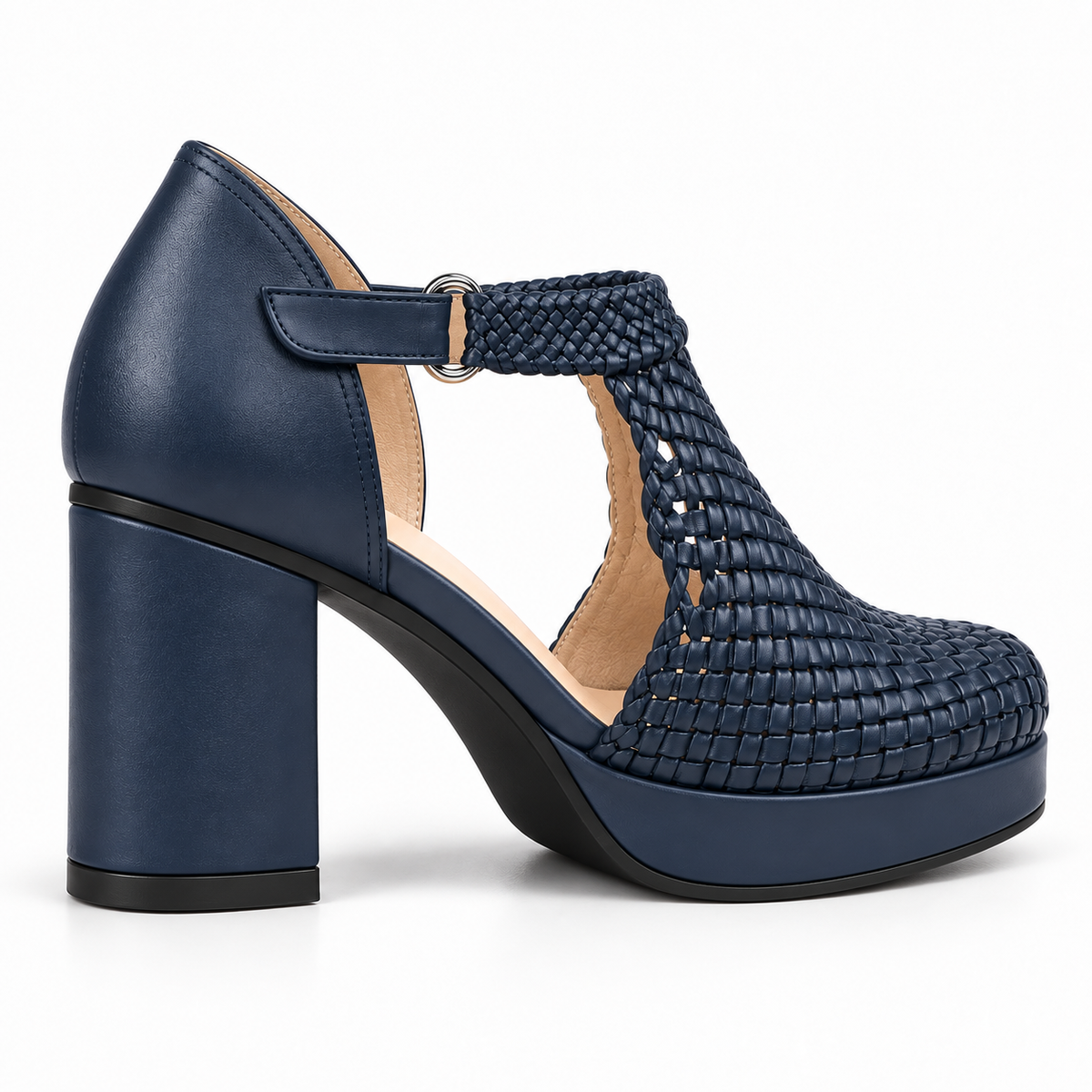 Margaret 7cm — Navy woven shoe with a T-bar strap and block heel, rear angled view — Scarpe Handmade