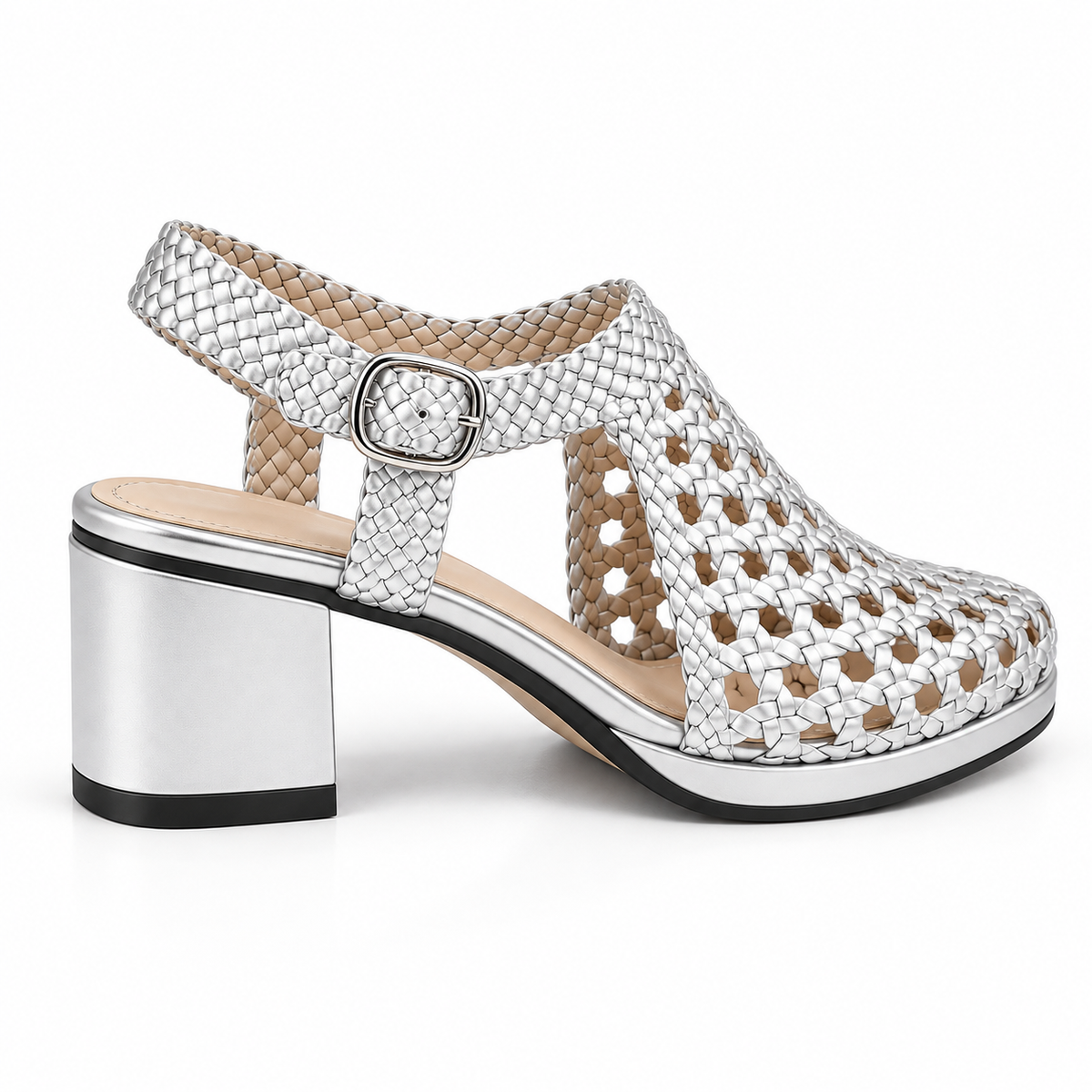Vesba 5cm — Silver woven shoe with a block heel, front angled view — Scarpe Handmade
