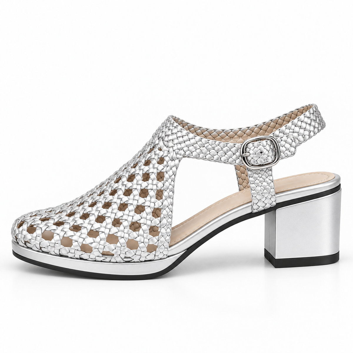 Vesba 5cm — Silver woven shoe with a block heel, opposite side view — Scarpe Handmade