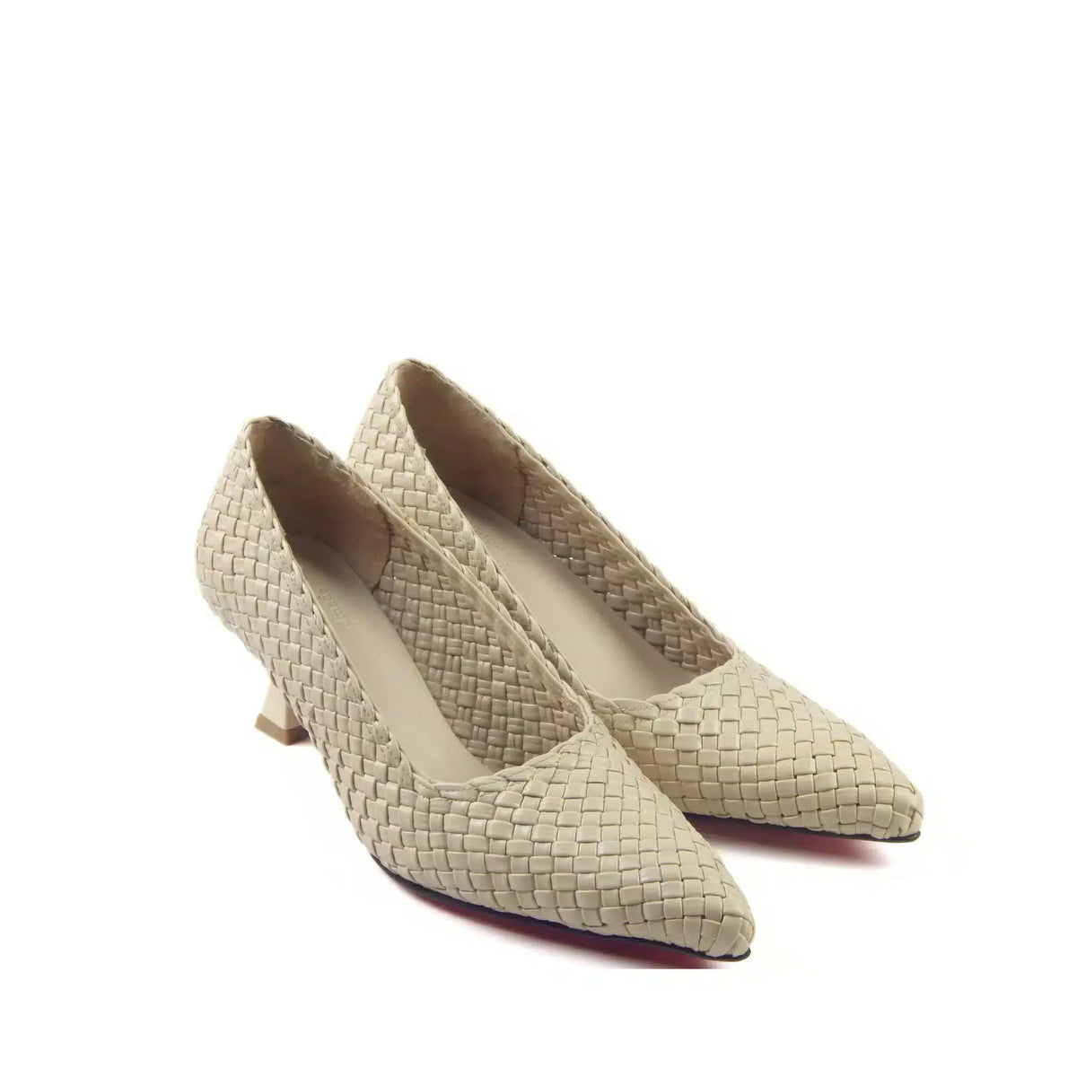 Pair of beige woven heels, angled view