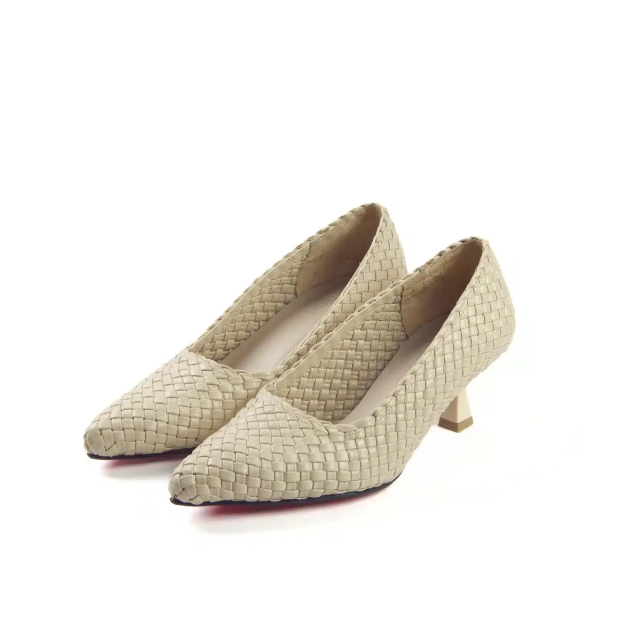 Pair of beige woven pointed-toe heels, three-quarter view
