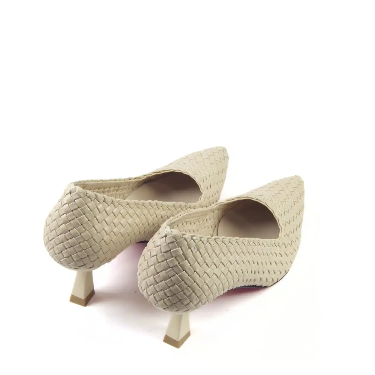 Beige woven heels shown from the back