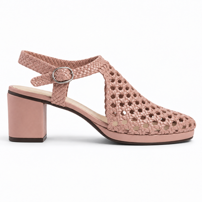 Vesba 5cm — Dusty pink woven shoe with a block heel, side view — Scarpe Handmade