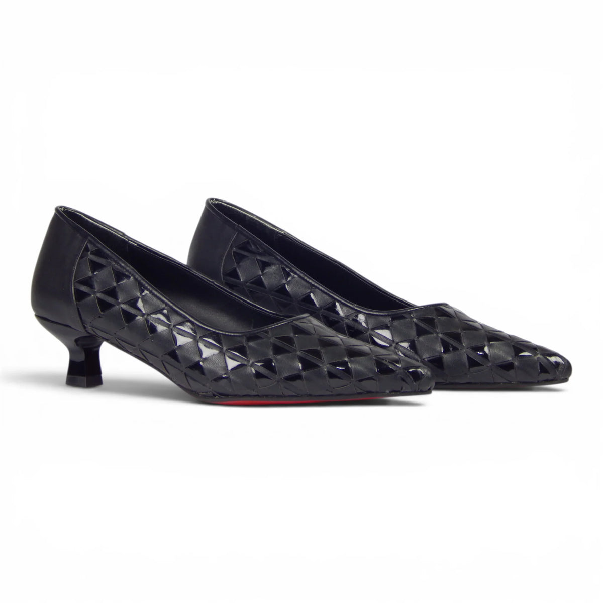 Aurora Geometric Woven Kitten Heel Pumps - Patent Black - Genuine Leather, photo 2 - Scarpe Handmade