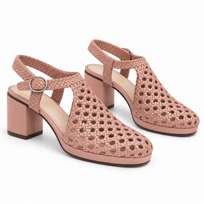 Vesba 5cm — Dusty pink woven shoe with a block heel, pair, angled view — Scarpe Handmade