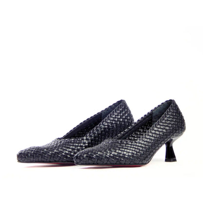 Pair of black woven pointed-toe heels, front angle