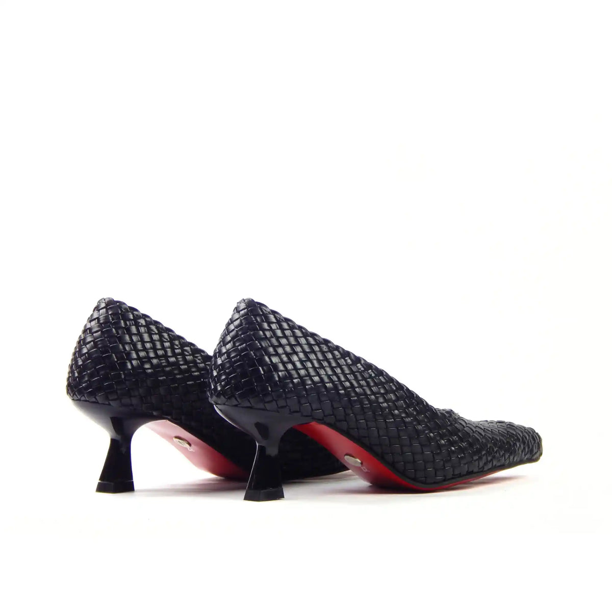 Pair of black woven heels, rear angle