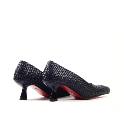 Pair of black woven heels, rear angle