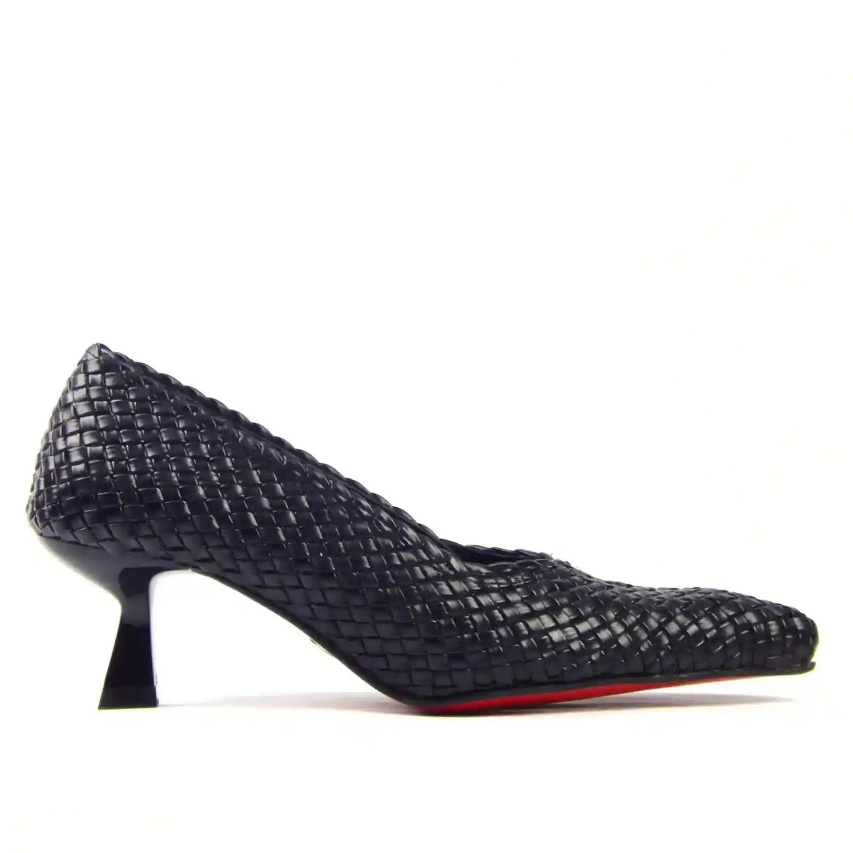 Black woven pointed-toe heel, side view