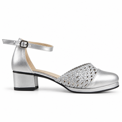 Good Morning 3cm — Silver shoe with an ankle strap and woven panel, side view — Scarpe Handmade