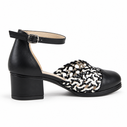 Good Morning 3cm — Black shoe with a black-and-white woven panel, angled side view — Scarpe Handmade