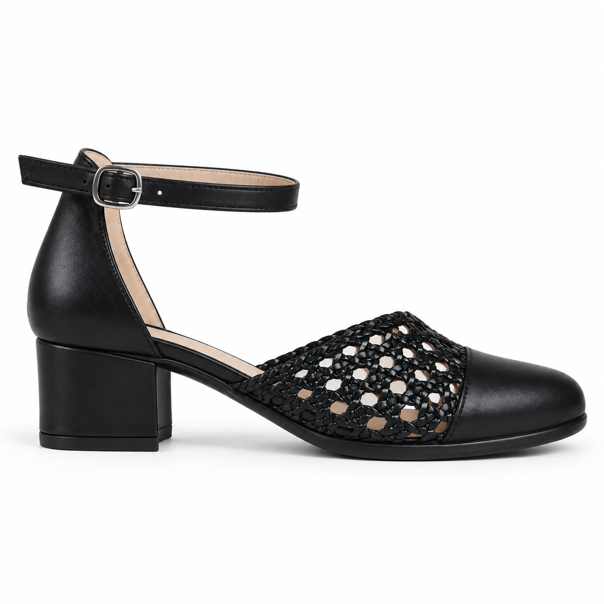 Good Morning 3cm — Black shoe with an open woven panel and ankle strap, side view — Scarpe Handmade