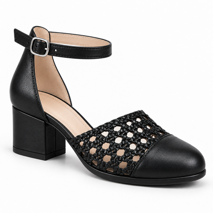 Good Morning 3cm — Black shoe with an open woven panel and ankle strap, angled front view — Scarpe Handmade