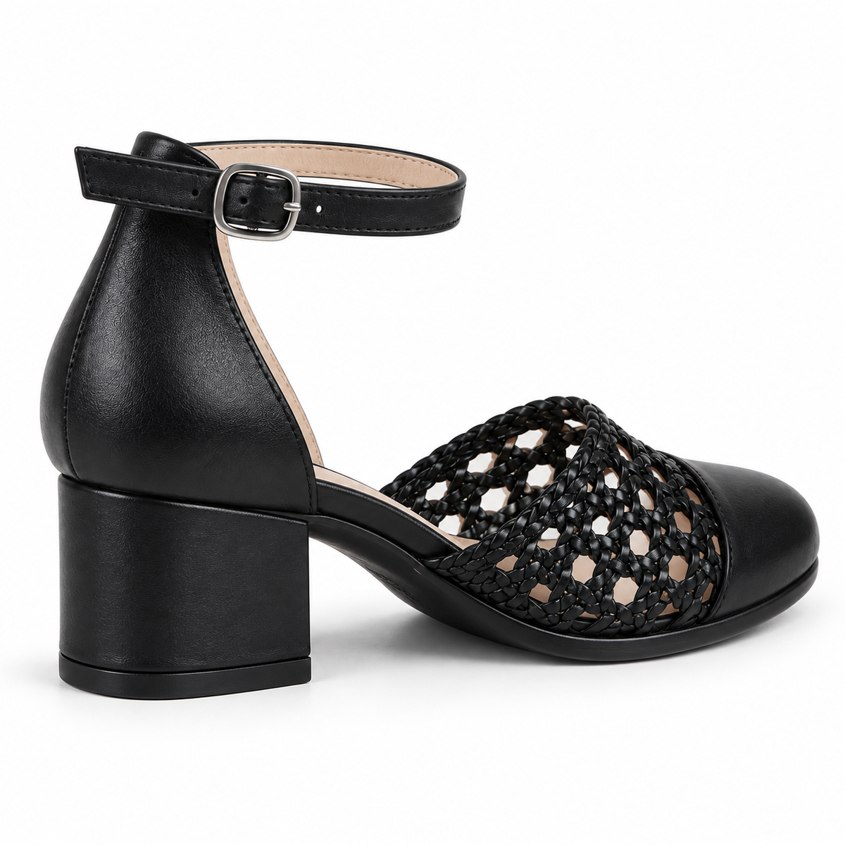 Good Morning 3cm — Black shoe with an ankle strap and woven panel, rear angled view — Scarpe Handmade