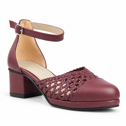 Good Morning 3cm — Burgundy shoe with an ankle strap and woven panel, front angled view — Scarpe Handmade