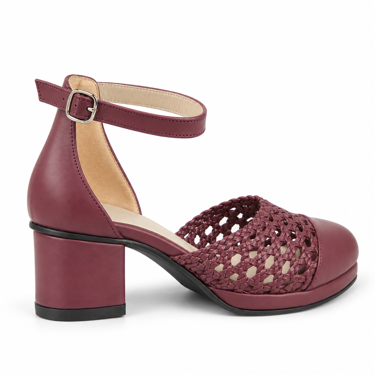 Good Morning 3cm — Burgundy shoe with an ankle strap and open woven panel, side view — Scarpe Handmade