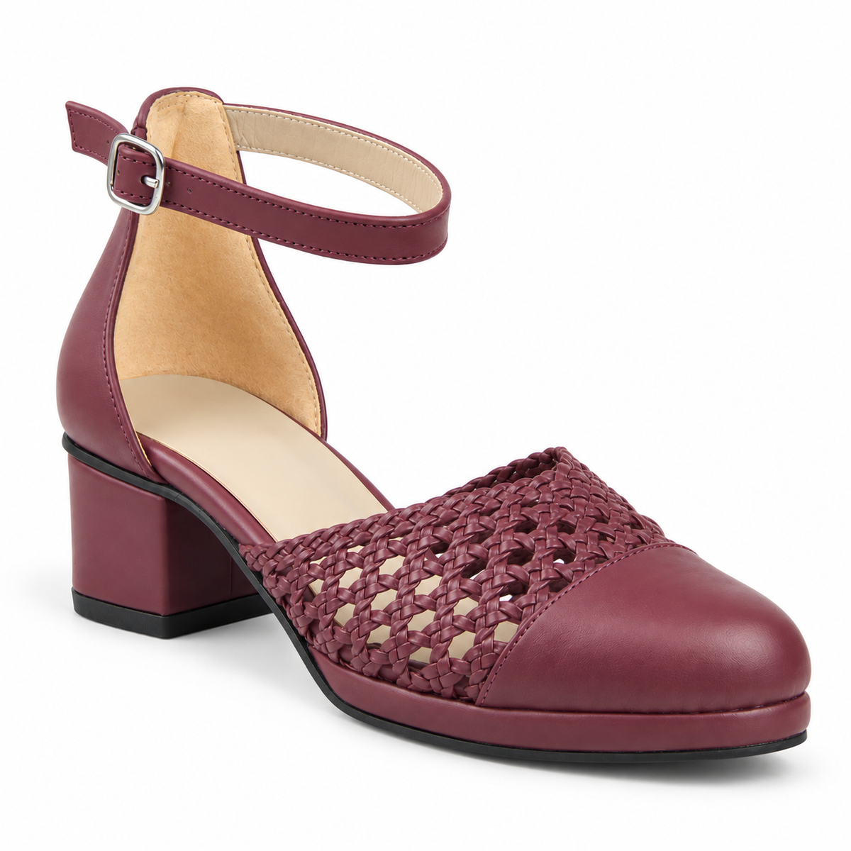 Good Morning 3cm — Burgundy shoe with a woven panel and low block heel, angled front view — Scarpe Handmade