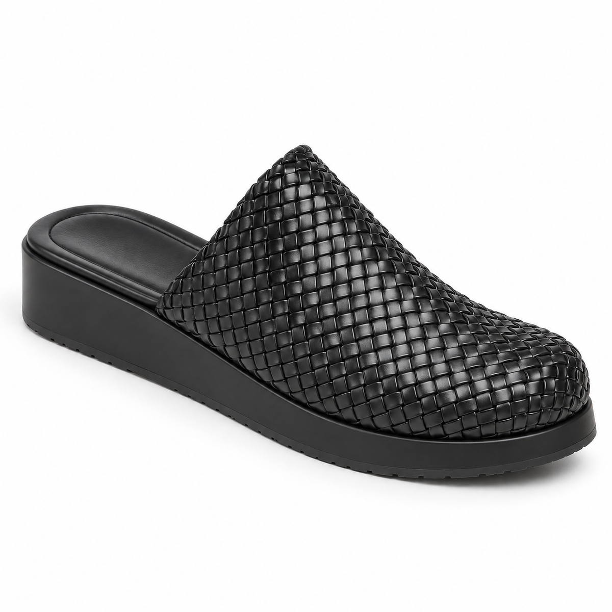 Sabot wedge 3cm — Black woven slip-on mule with a wedge sole, front angled view — Scarpe Handmade