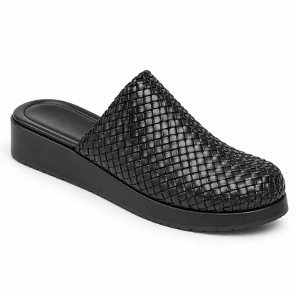 Sabot wedge 3cm — Black woven slip-on mule with a wedge sole, front angled view — Scarpe Handmade