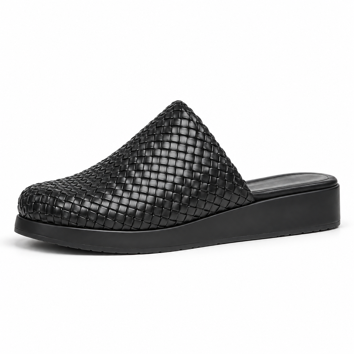 Sabot wedge 3cm — Black woven slip-on mule with a wedge sole, side view — Scarpe Handmade