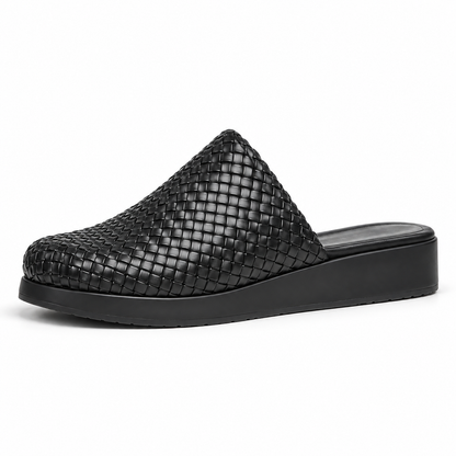 Sabot wedge 3cm — Black woven slip-on mule with a wedge sole, side view — Scarpe Handmade