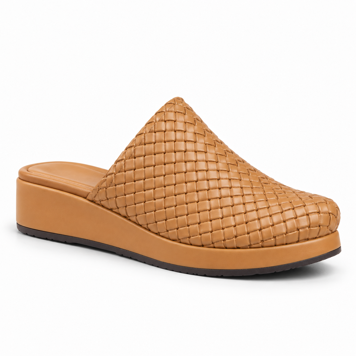 Sabot wedge 3cm — Tan woven slip-on mule with a wedge sole, angled view — Scarpe Handmade