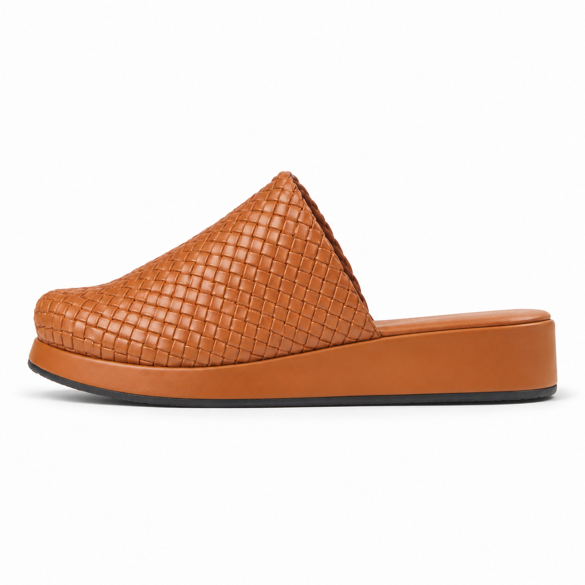 Sabot wedge 3cm — Cognac woven slip-on mule with a wedge sole, side view — Scarpe Handmade