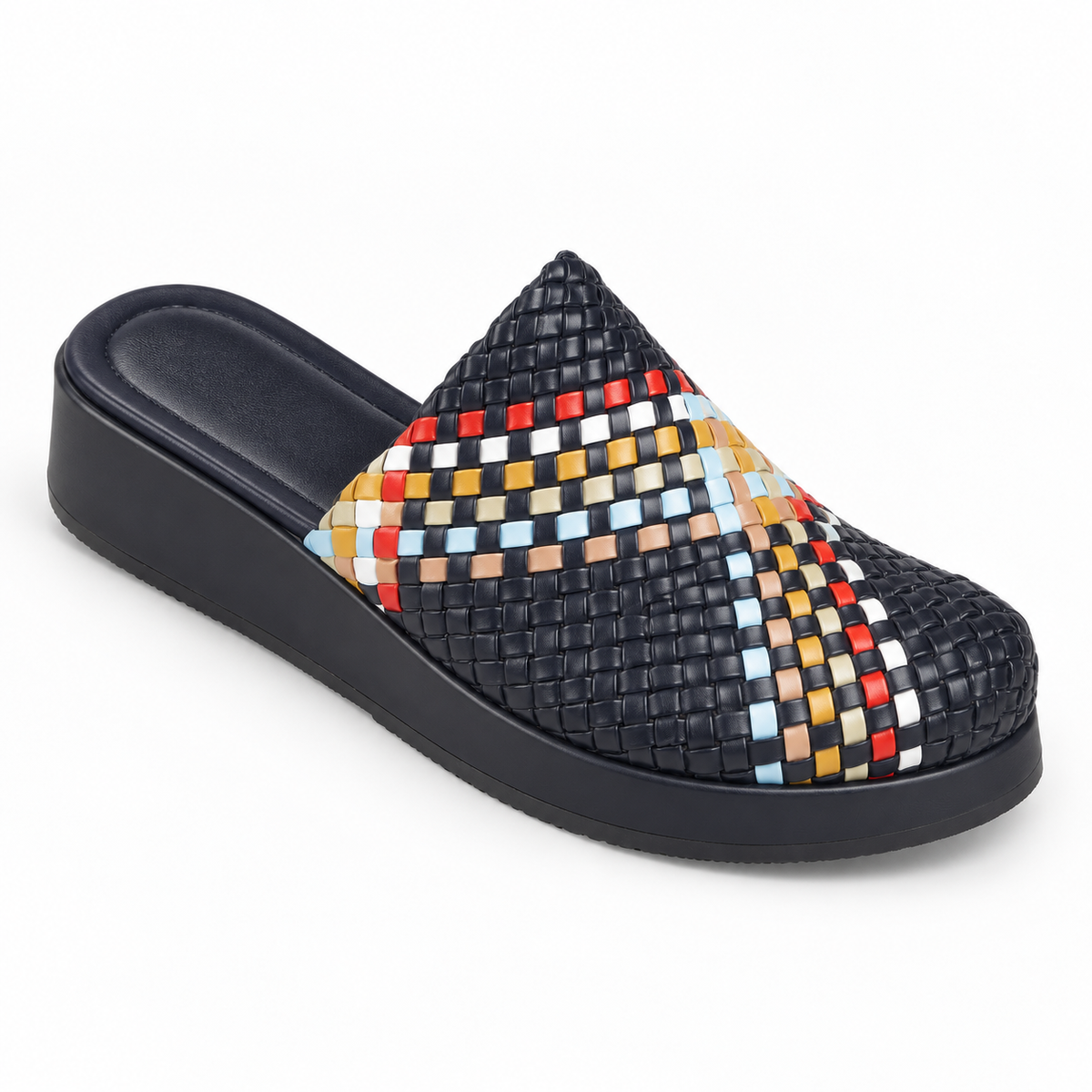 Sabot wedge 3cm — Black with a multicolored checked band woven slip-on mule with a wedge sole, front angled view — Scarpe Handmade