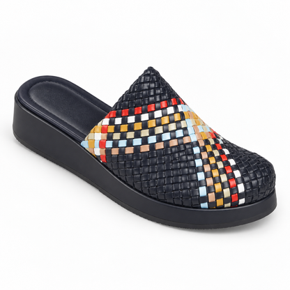 Sabot wedge 3cm — Black with a multicolored checked band woven slip-on mule with a wedge sole, front angled view — Scarpe Handmade