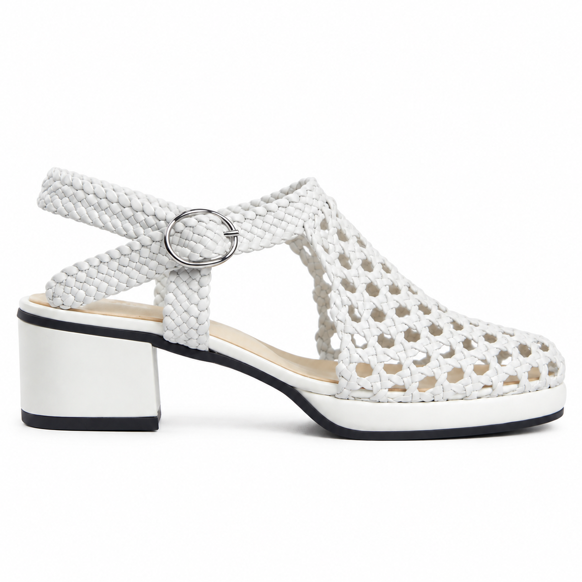 Vesba 3cm — White woven shoe with a block heel, rear angled view — Scarpe Handmade