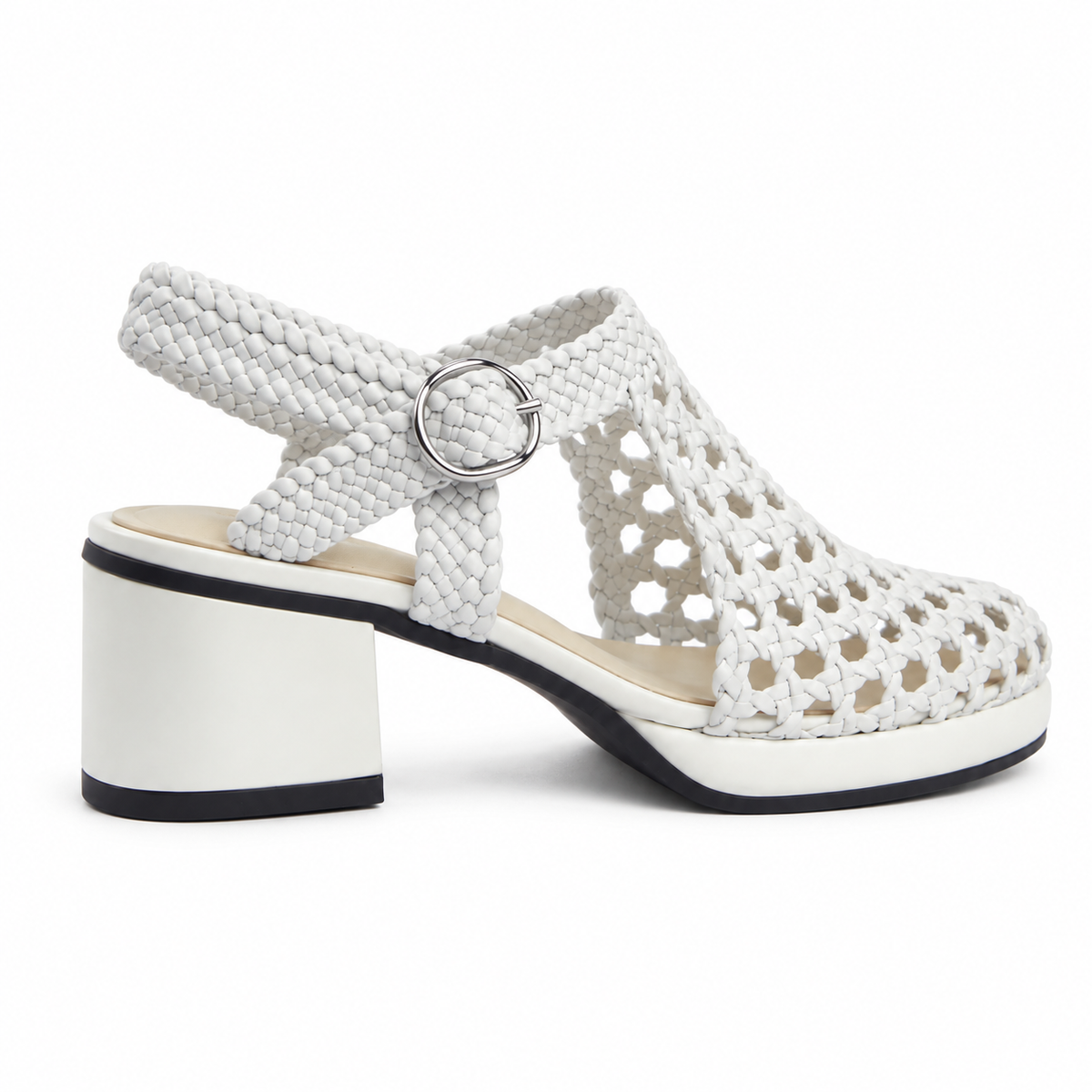 Vesba 3cm — White woven shoe with a block heel, front angled view — Scarpe Handmade