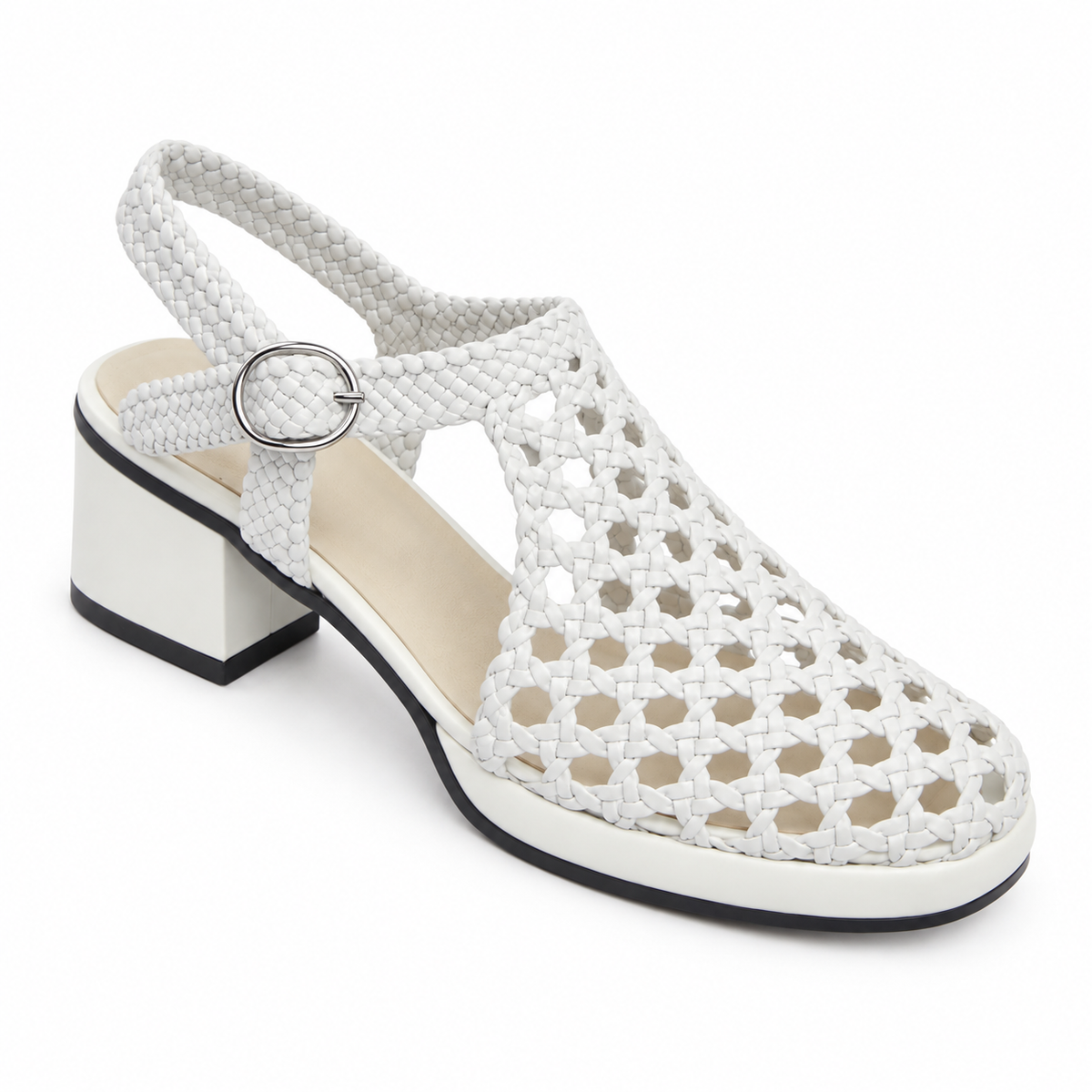Vesba 3cm — White woven shoe with a block heel, top angled view — Scarpe Handmade