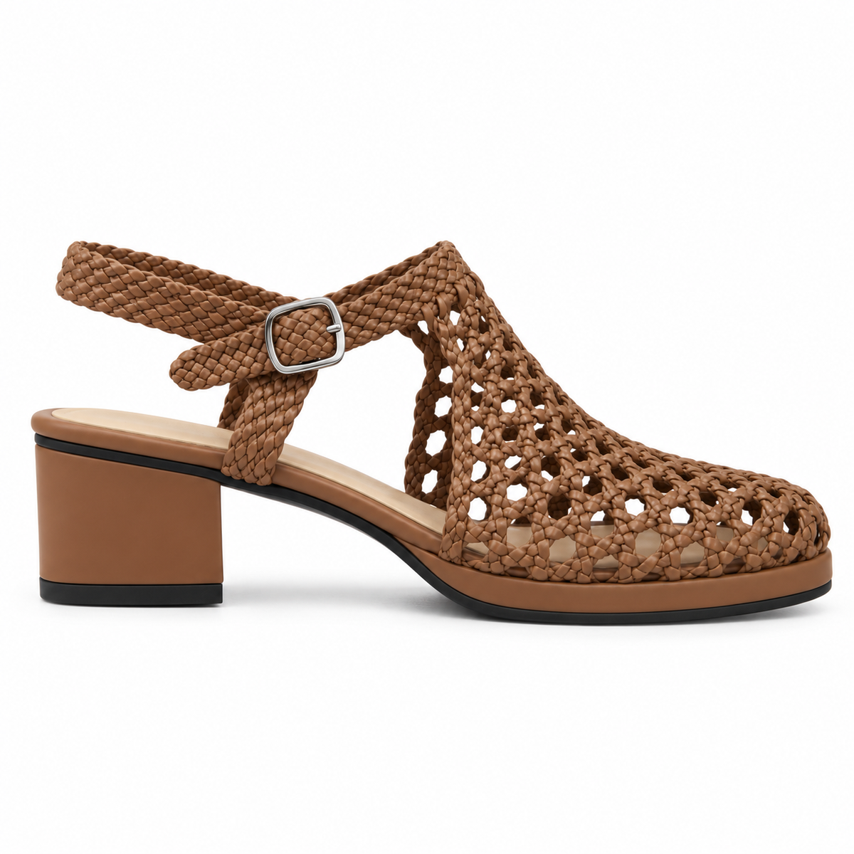 Vesba 3cm — Brown woven shoe with a block heel, side view — Scarpe Handmade