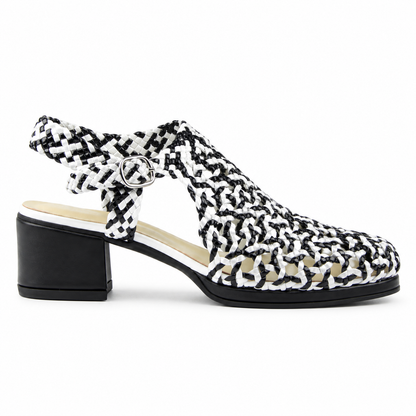 Vesba 3cm — Black-and-white patterned woven shoe with a block heel, side view — Scarpe Handmade