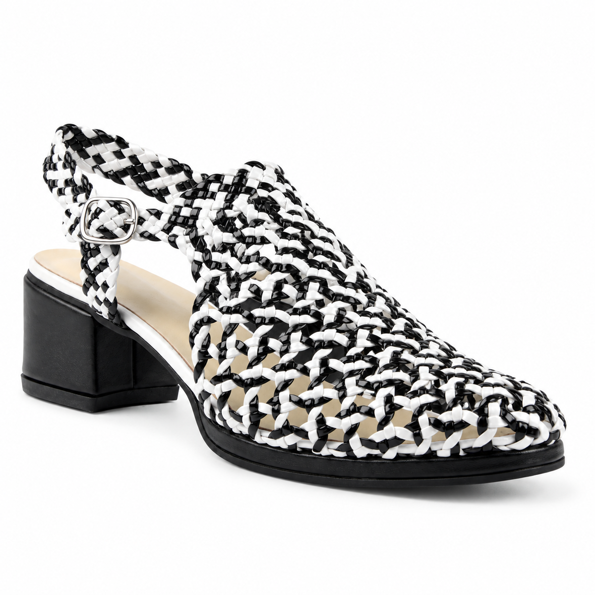 Vesba 3cm — Black-and-white patterned woven shoe with a block heel, front angled view — Scarpe Handmade