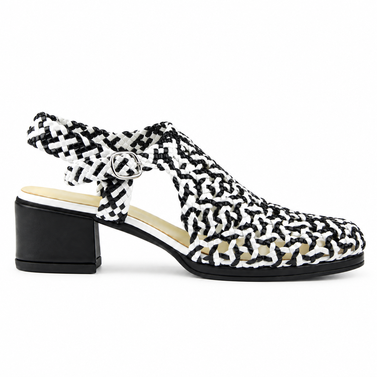 Vesba 3cm — Black-and-white patterned woven shoe with a block heel, side view — Scarpe Handmade