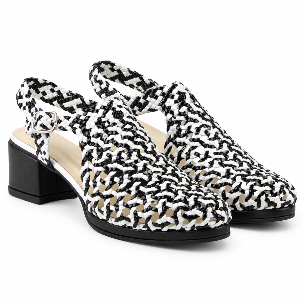 Vesba 3cm — Black-and-white patterned woven shoe with a block heel, pair, front angled view — Scarpe Handmade