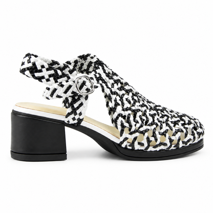 Vesba 3cm — Black-and-white patterned woven shoe with a block heel, rear angled view — Scarpe Handmade