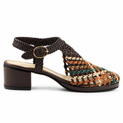 Vesba 3cm — Brown with a multicolored woven front woven shoe with a block heel, side view — Scarpe Handmade