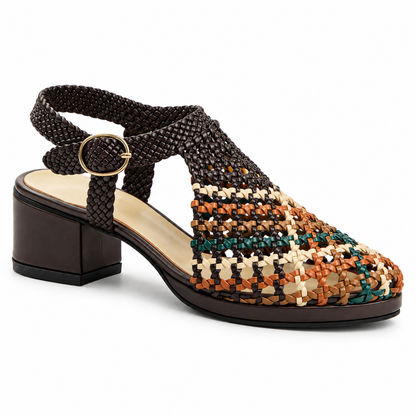 Vesba 3cm — Brown with a multicolored woven front woven shoe with a block heel, front angled view — Scarpe Handmade