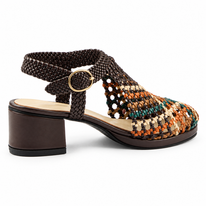 Vesba 3cm — Brown with a multicolored woven front woven shoe with a block heel, rear angled view — Scarpe Handmade