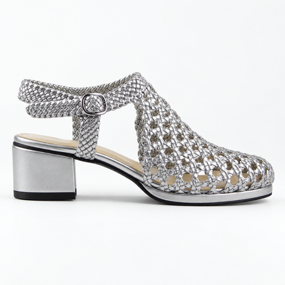 Vesba 3cm — Silver woven shoe with a block heel, side view — Scarpe Handmade