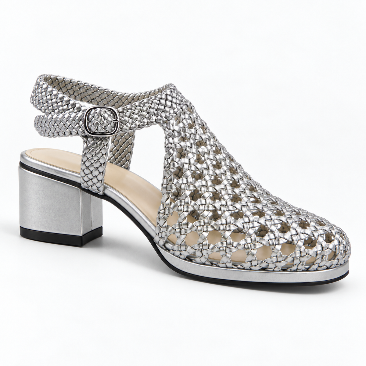 Vesba 3cm — Silver woven shoe with a block heel, front angled view — Scarpe Handmade