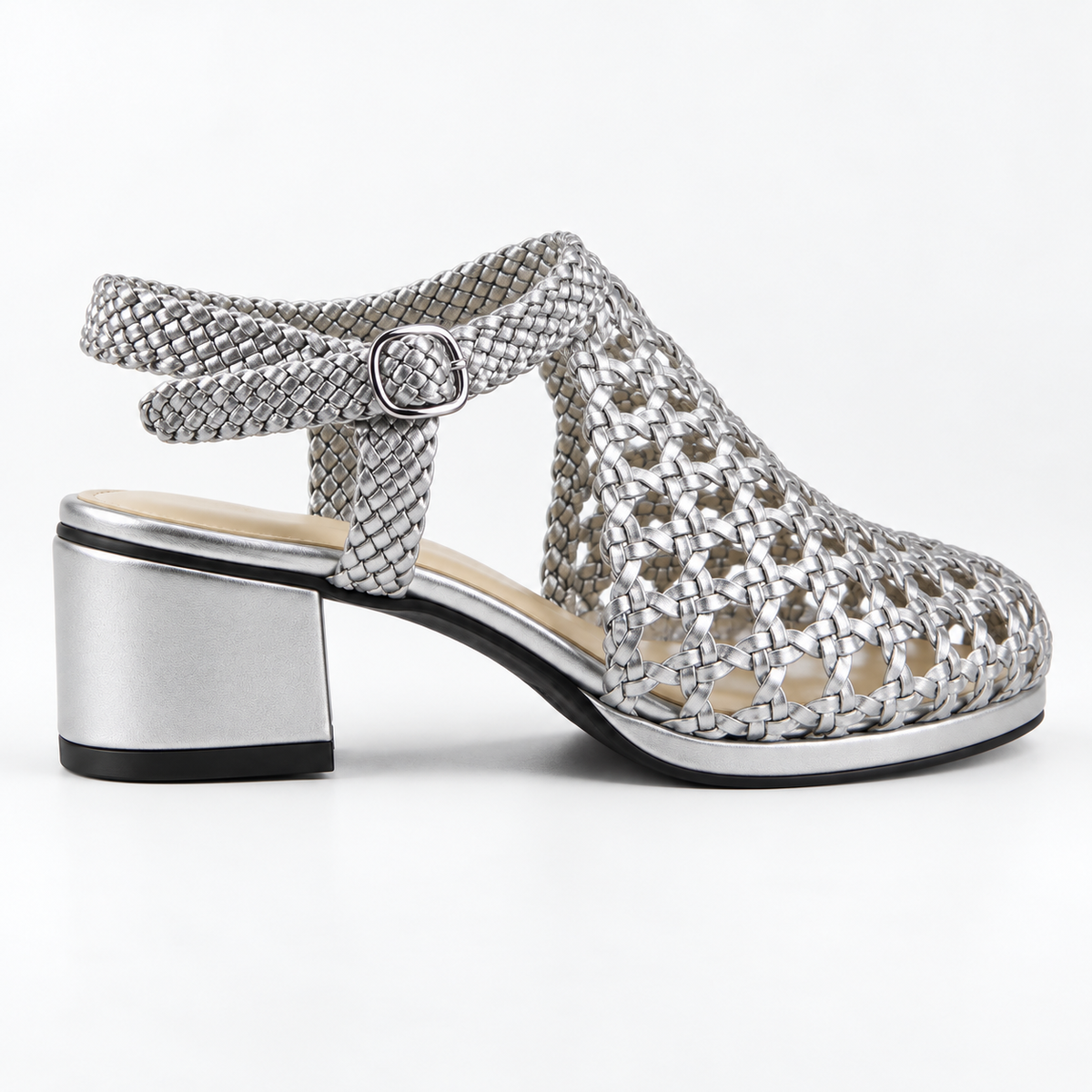 Vesba 3cm — Silver woven shoe with a block heel, rear angled view — Scarpe Handmade