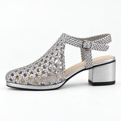 Vesba 3cm — Silver woven shoe with a block heel, opposite side view — Scarpe Handmade