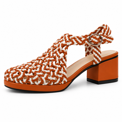 Vesba 3cm — Tan-and-white patterned woven shoe with a block heel, opposite side view — Scarpe Handmade