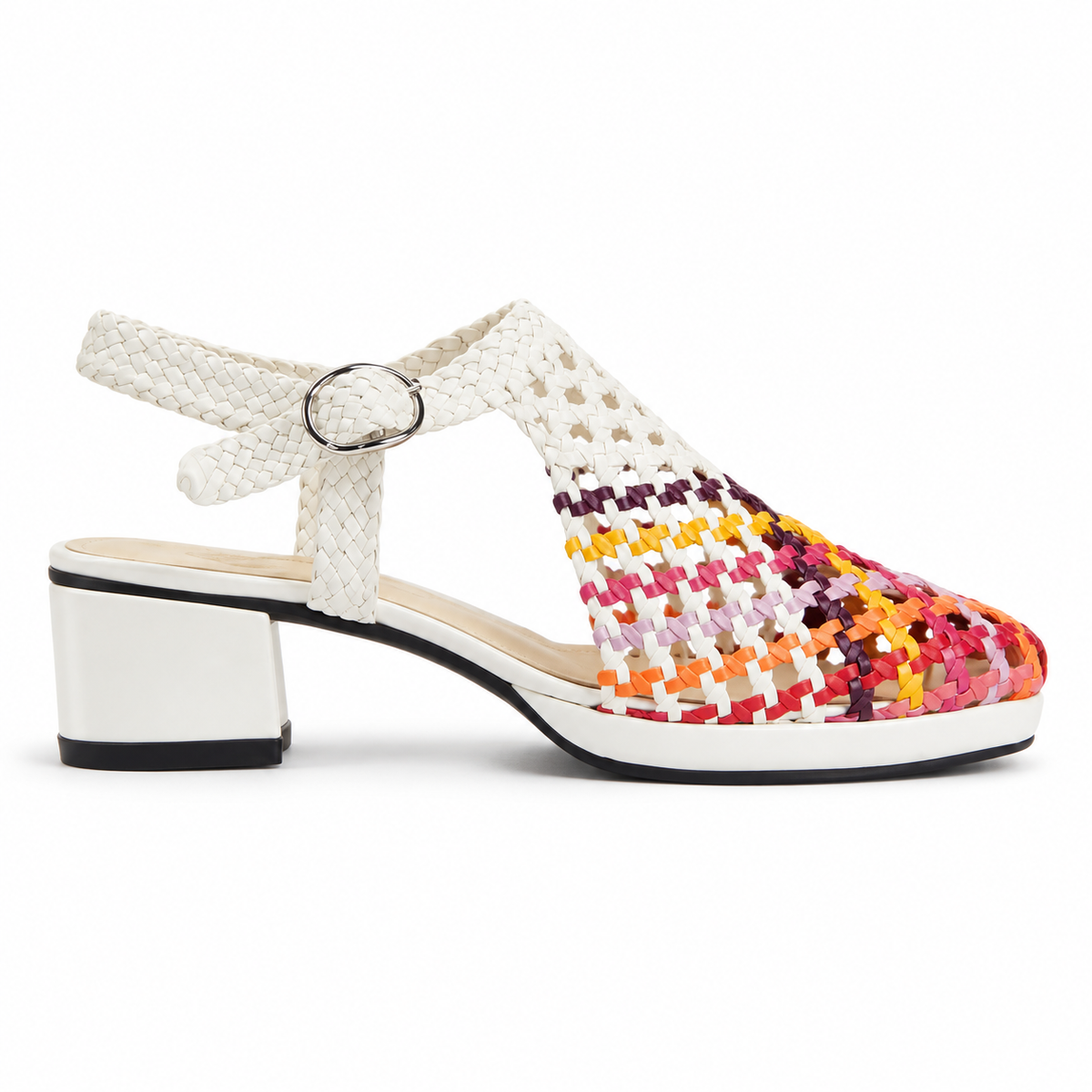 Vesba 3cm — White with a multicolored woven front woven shoe with a block heel, side view — Scarpe Handmade