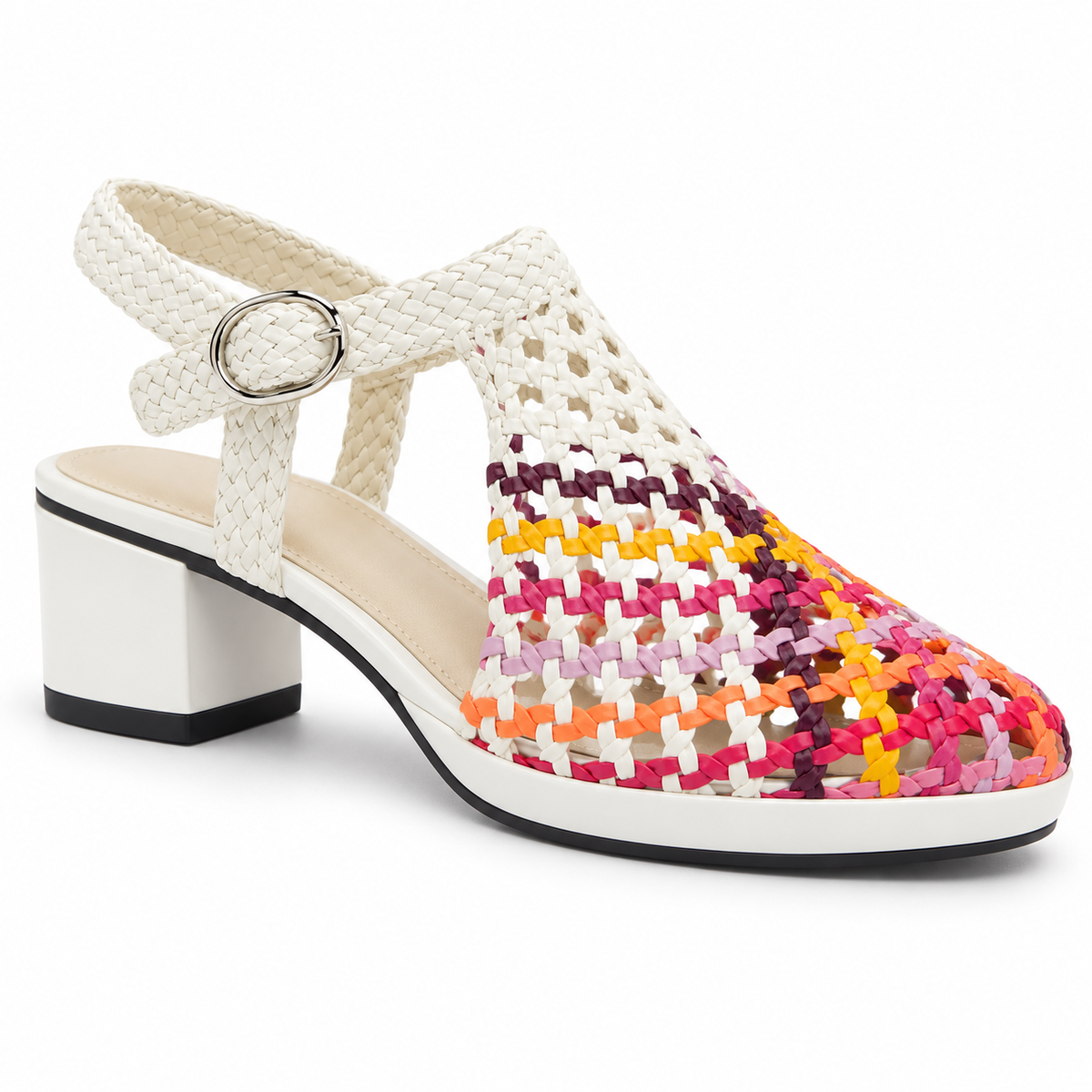 Vesba 3cm — White with a multicolored woven front woven shoe with a block heel, front angled view — Scarpe Handmade