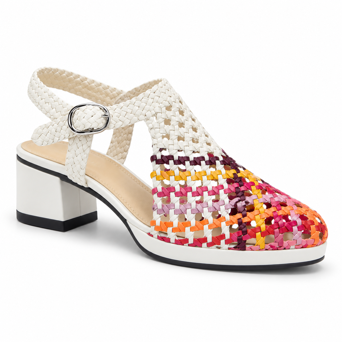 Vesba 3cm — White with a multicolored woven front woven shoe with a block heel, front angled view — Scarpe Handmade